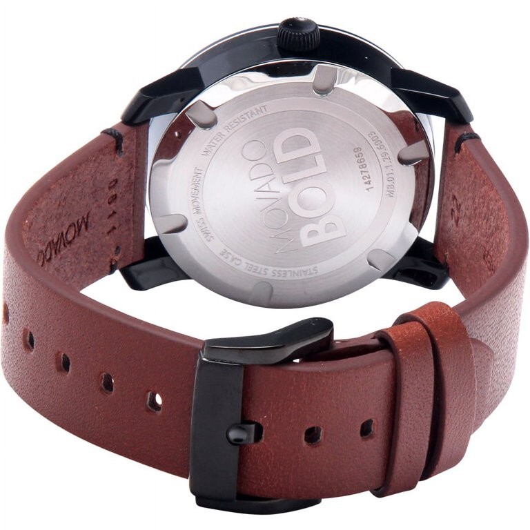 Pre-owned Movado Bold 3600305 Black Museum Dial Brown Leather Band Mens Watch