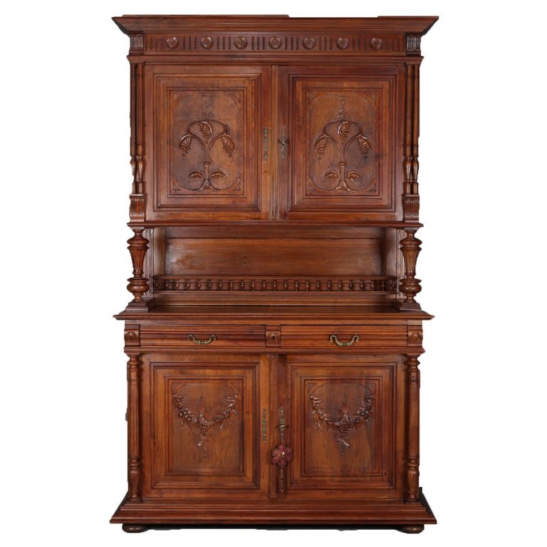 Antique English Carved Oak Grape and Leaf Court Cupboard, circa 1890