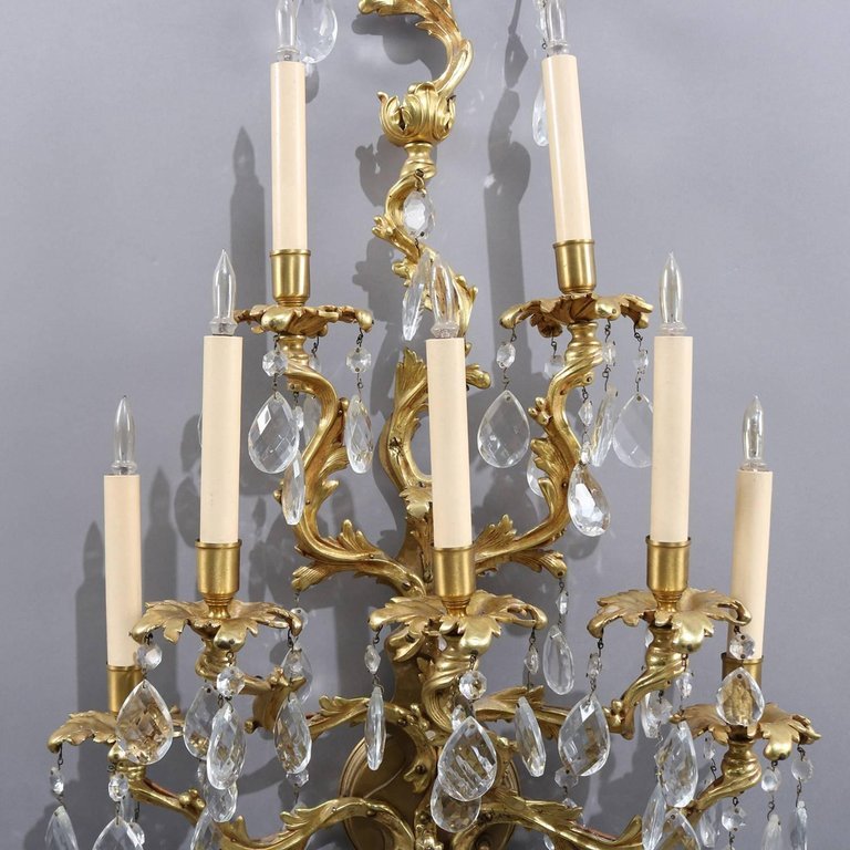 Oversized French Rococo Foliate Form Gilt Bronze Cut Crystal Wall Sconces