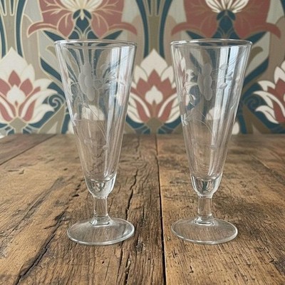 Princess House Heritage Pilsner Glasses, Set of 2 Footed Etched Floral Drinkware