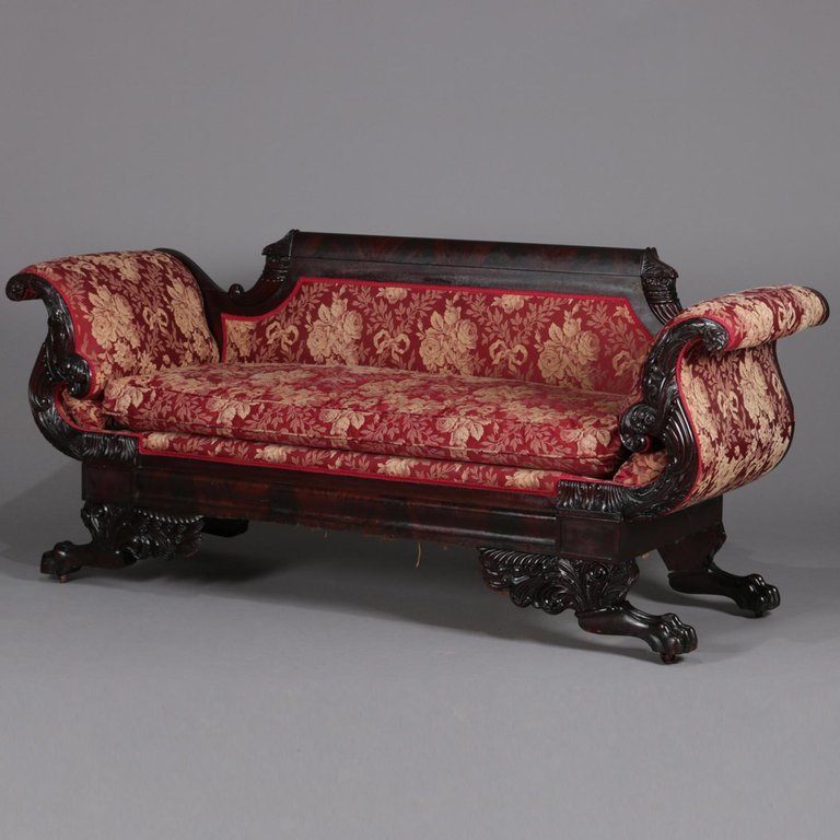 Antique Pair First Period American Empire Carved Flame Mahogany Sofas, NY