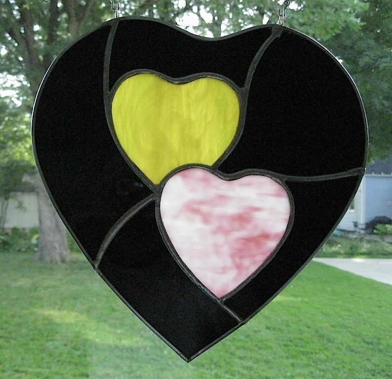 STAINED GLASS TWO HEARTS YELLOW & PINK IN ONE HEART, 11