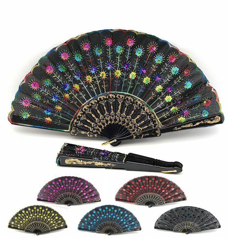 Set 12 Pezzi Ventaglio Tessuto Nero Feste Matrimonio Caldo Estate hmj