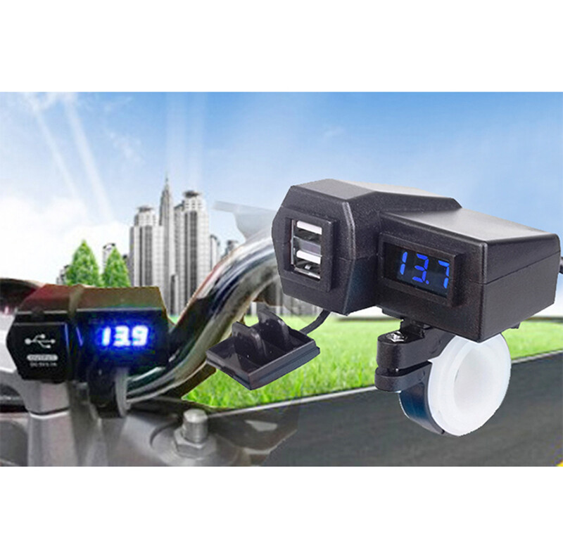 12V Waterproof Motorcycle Dual USB Charger LED Voltmeter Power Port Adapter