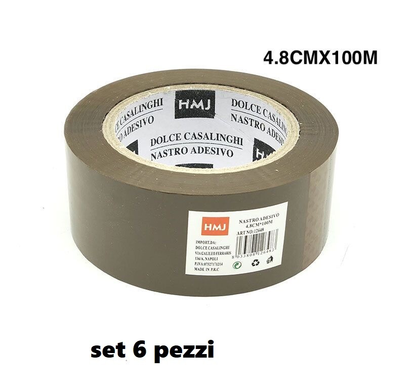 Set 6 Pezzi Rotolo Nastro Adesivo Havana Marrone Imballaggio 48mmx100mt hmj