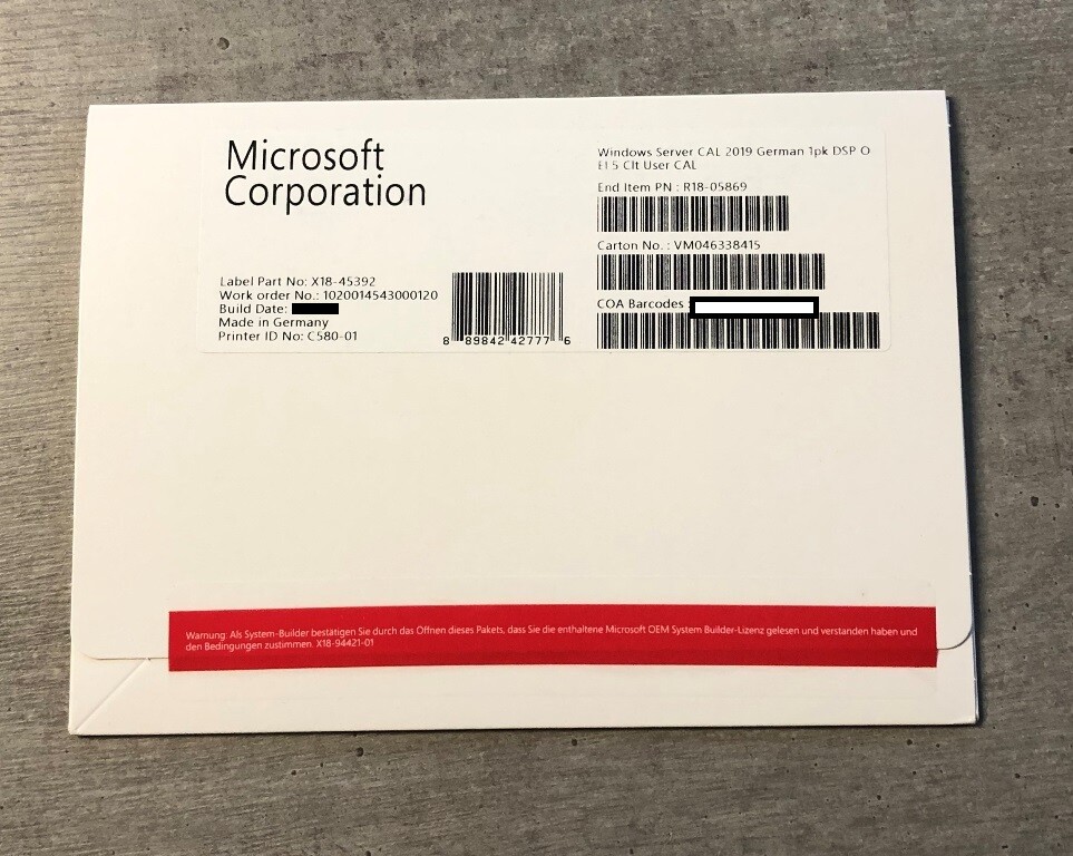 MS Windows Server 2019 5er User OEM/SB CAL fr 5 Benutzer neu (DE) (R18-05869)