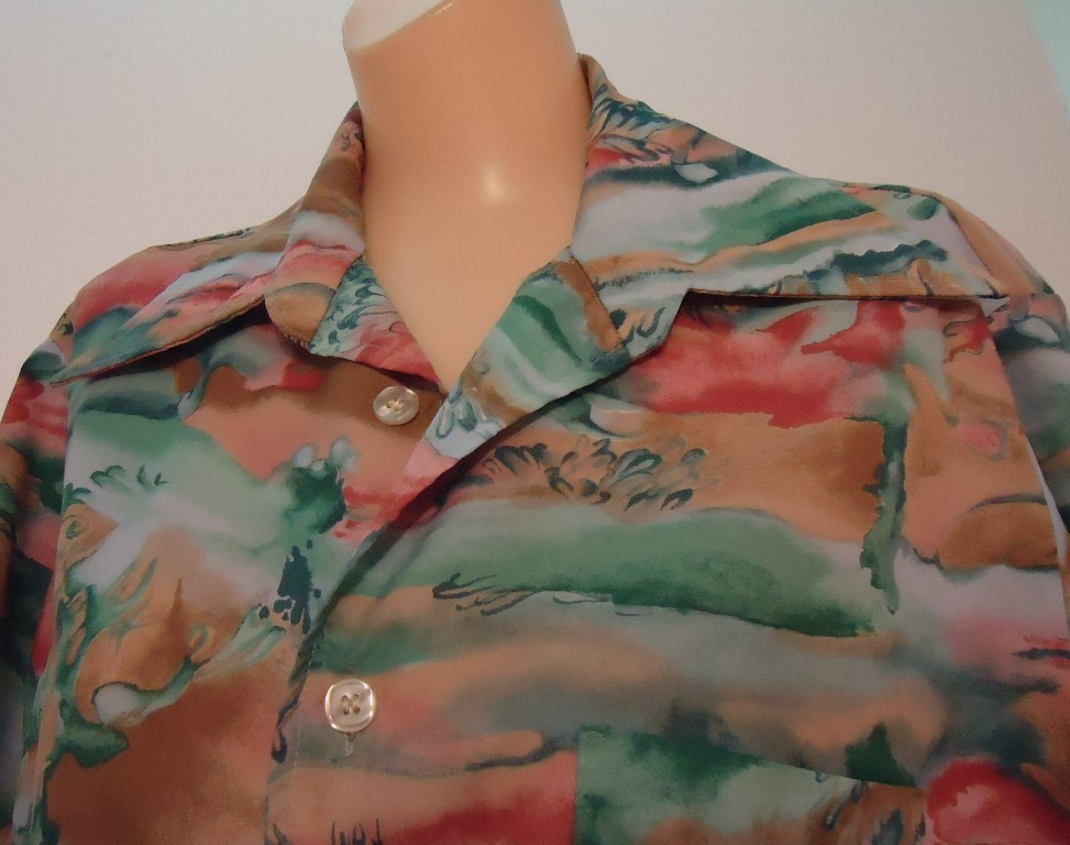 Vtg 70s Brush Strokes Watercolor Short Sleeve Disco Big Collar Shirt M 15 AS IS