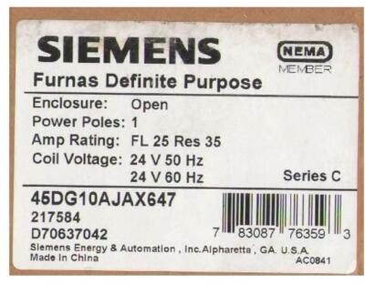 1-45DG10AJAX647 Siemens Furnas 24V 25A Definite Purpose Contactor 25 AMP USA SHP