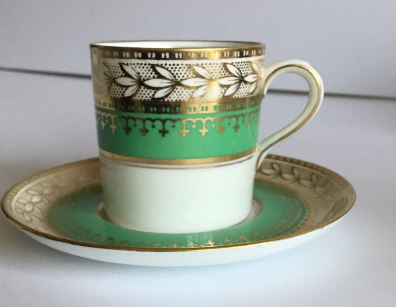 Aynsley Demitasse Tea Cup Saucer Set Green Gold White Small Vintage