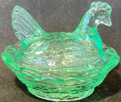Green Vaseline Uranium glass Hen Chicken on nest basket Easter eggs / blue glows