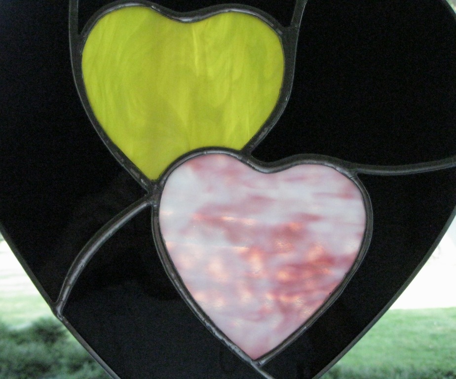 STAINED GLASS TWO HEARTS YELLOW & PINK IN ONE HEART, 11