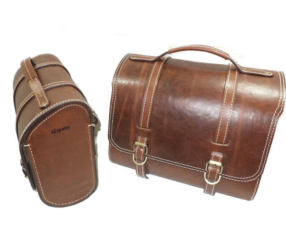 Fits Royal Enfield 350 Antique Brown Leather Saddle Bag & Front Rear Seat  