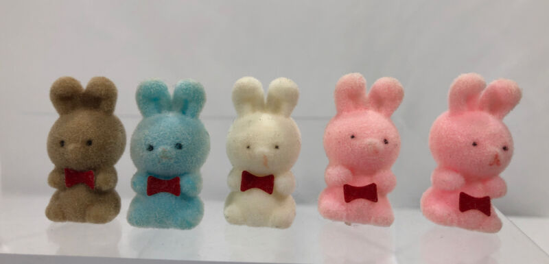 Lot Of 5 Vintage Flocked Miniature Rabbits Easter Decoration Craft Cute!