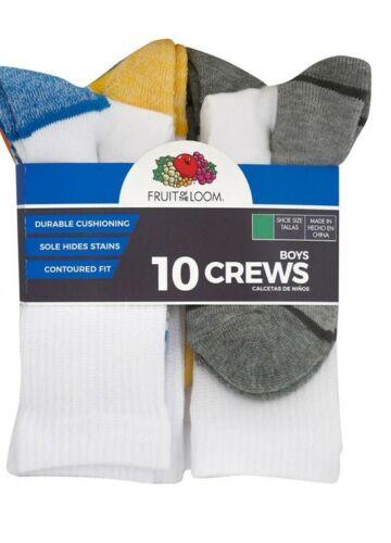 Fruit of the Loom Boys 10 Pair Crew Socks NEW Size Large Shoe Size 3-9