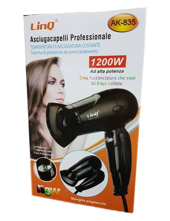 AsciugaCapelli Phon Professionale Portatile Da Viaggio 1200W Linq Ak-835