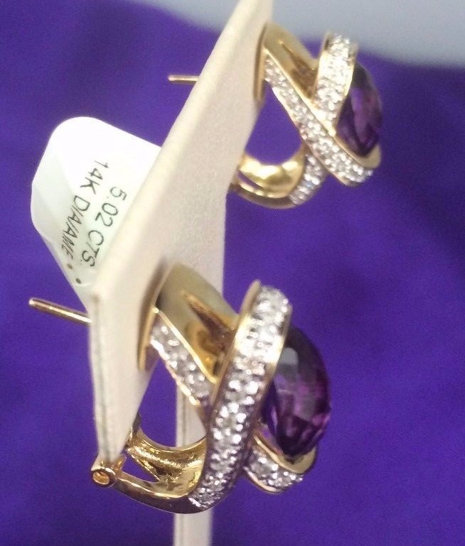 Pre-owned Amethyst Oval Purple  & White Diamonds Earrings Omega Back In 14k Yellow Gold
