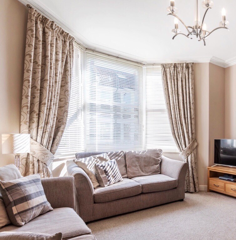 Made to measure curtains for Victorian bay window floor length cream