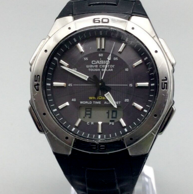 Casio Wave Ceptor Watch Men 40mm Silver Tone Black 5052 WVA