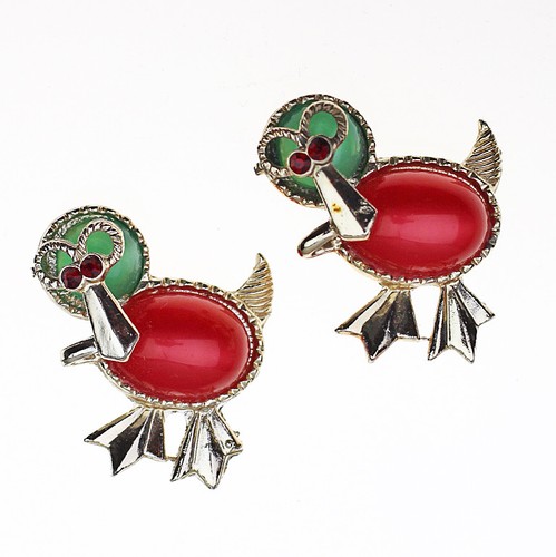 Vintage Red Green Lucite Jelly Belly Duck Brooch Pair, Rhinestone Scatter Pins