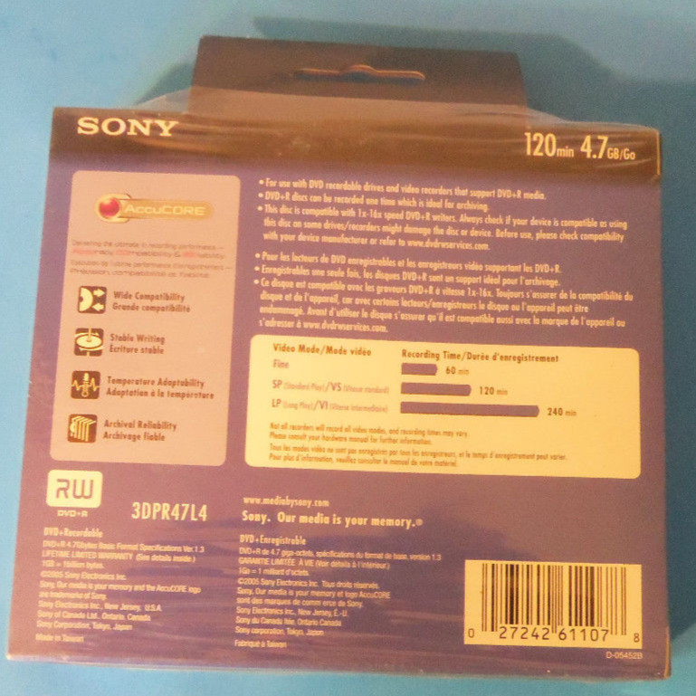 SONY DVD+R 3 Pack 120 Min. 4.7GB 1x - 16x Speed Compatible AccuCore