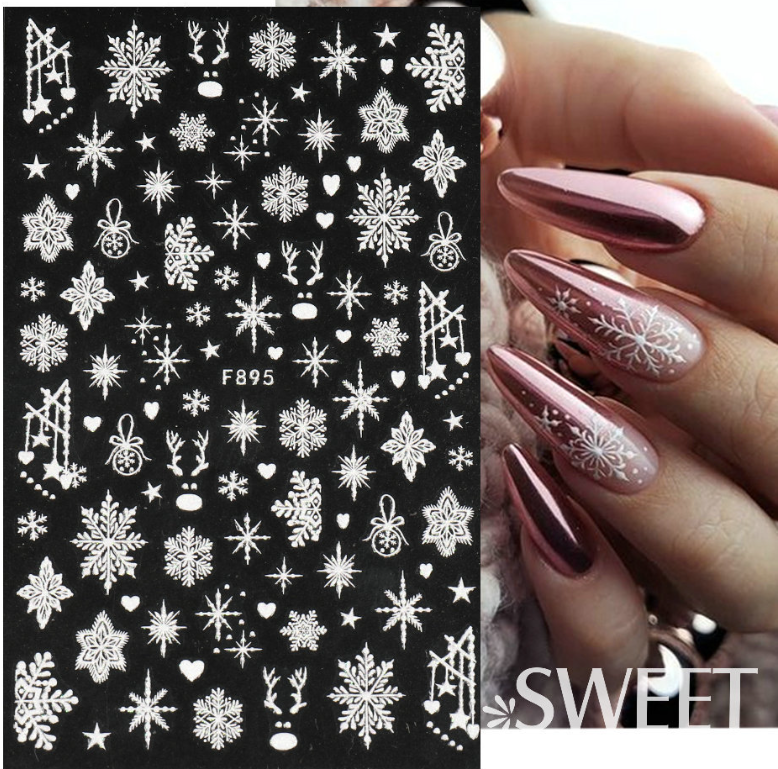 3D White Glitter Christmas Snowflake French Nail Art Sticker Manicure DIY NH22
