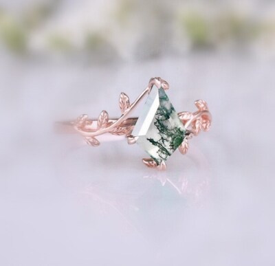 Natural Moss Agate Ring Sterling Silver Ring Kite Ring Leaf Ring Branch Ring