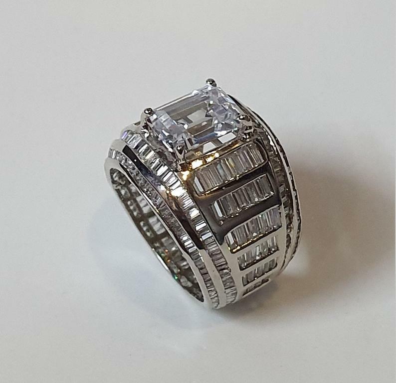 Pre-owned Online0369 2ct Baguette Cubic Zirconia Mens Statement Ring Free Stud Silver Ring Size 10 In White