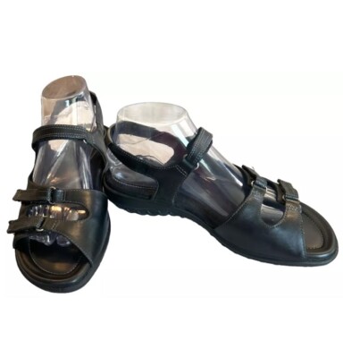 Ecco Womens Sandal 40 Black Leather Open Toe Back Hook Loop Ankle Strap New WOB