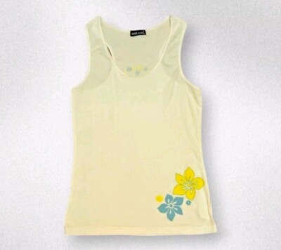 Vtg Wet Seal White Ribbed Tank Boho Hippie Floral Peace Sign Juniors Large