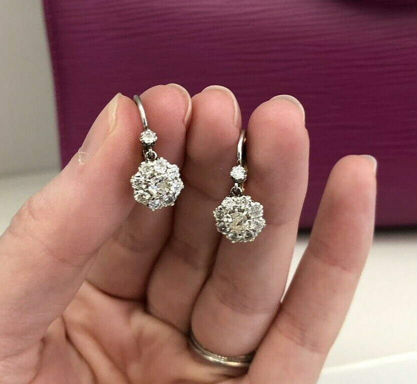 Rare PT Antique Art Deco Edwardian Diamond Cluster Drop Earrings TCW 1.90ct WOW
