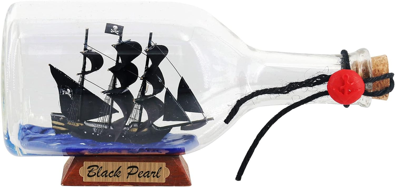 Black Pearl Caribbean Pirate Model Ship in a Bottle Glass Ornament Table Top Nau