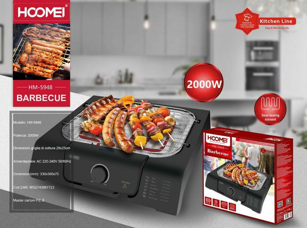 Barbecue Grill Bistecchiera Carne Verdura Giardino Piastra 2000W Hoomei HM-5948