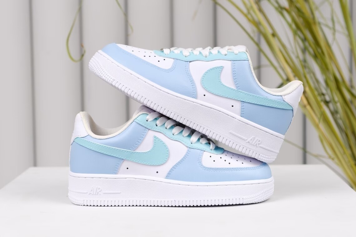 Pre-owned Nike Air Force 1 Custom Hand Painted White Shoes Ocean Vibe Light Blue Art