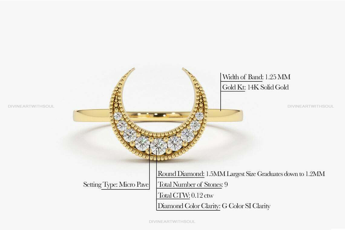 Pre-owned Handmade Diamonds & 14k Solid Gold Crescent Moon Double Horn Graduation Gift Fine Rings In White
