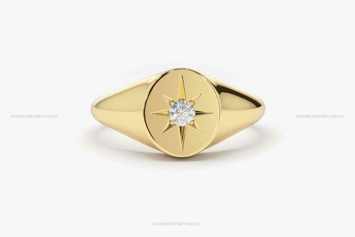Pre-owned Handmade Solid Gold With Natural Diamonds 14k Star Pinky Signet Ring For Women's Rings In White