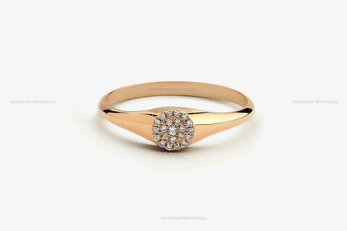 Pre-owned Handmade Solid Gold With Natural Diamonds 14k Signet Pave Pinky Disc Ring For Women's In White