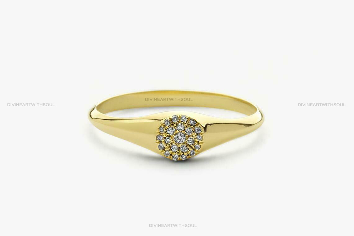 Pre-owned Handmade Solid Gold With Natural Diamonds 14k Signet Pave Pinky Disc Ring For Women's In White