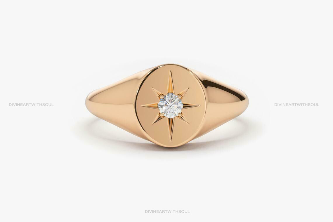 Pre-owned Handmade Solid Gold With Natural Diamonds 14k Star Pinky Signet Ring For Women's Rings In White