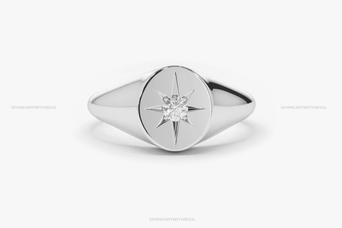 Pre-owned Handmade Solid Gold With Natural Diamonds 14k Star Pinky Signet Ring For Women's Rings In White