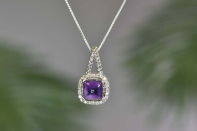 2.50Ct Cushion Cut Amethyst Halo Pendant 18'' Free Chain 14K White Gold Finish