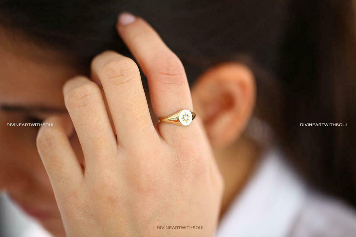Pre-owned Handmade Solid Gold With Natural Diamonds 14k Star Pinky Signet Ring For Women's Rings In White