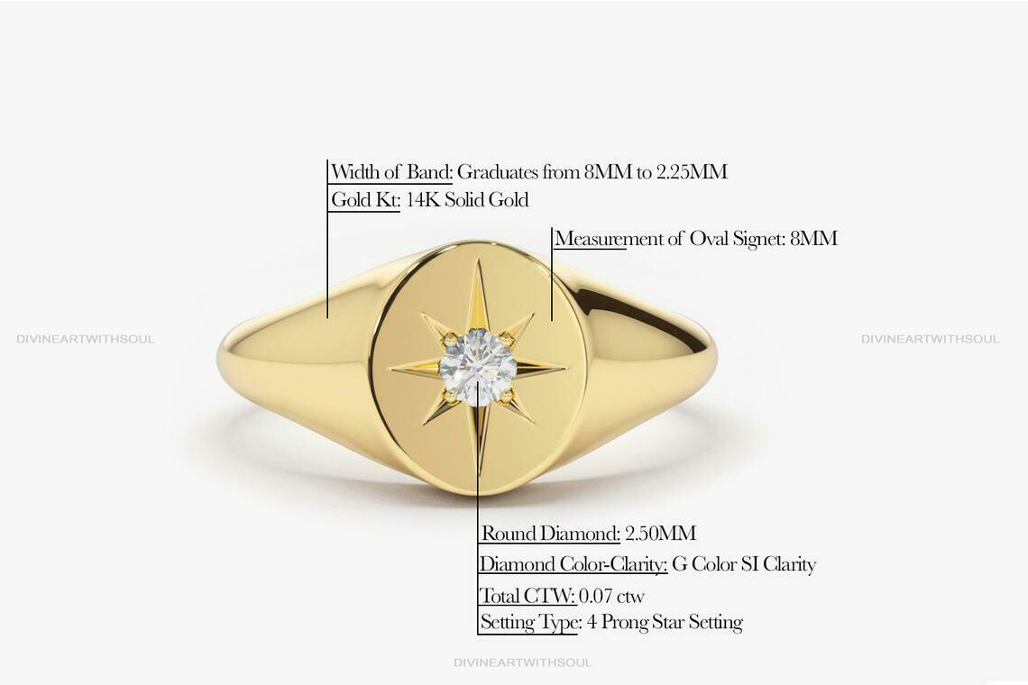 Pre-owned Handmade Solid Gold With Natural Diamonds 14k Star Pinky Signet Ring For Women's Rings In White