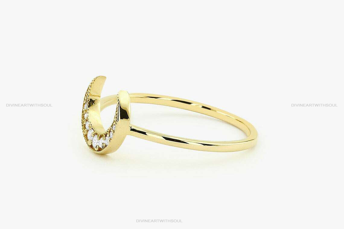Pre-owned Handmade Diamonds & 14k Solid Gold Crescent Moon Double Horn Graduation Gift Fine Rings In White