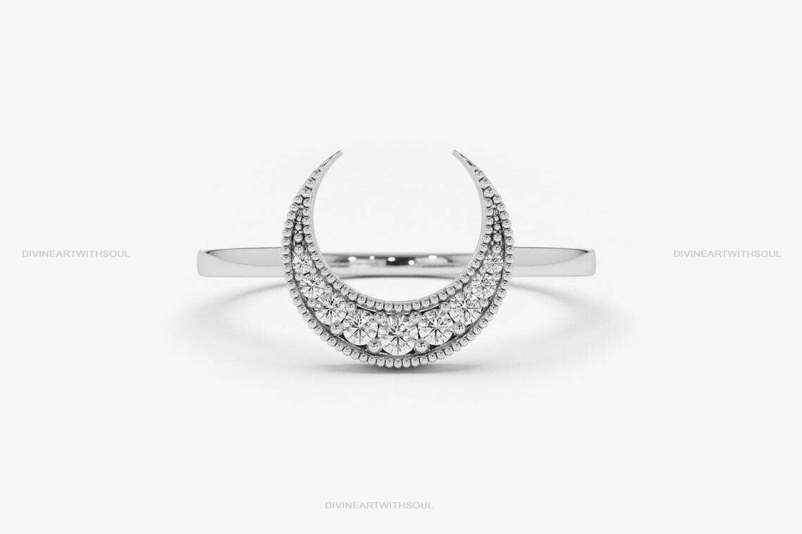 Pre-owned Handmade Diamonds & 14k Solid Gold Crescent Moon Double Horn Graduation Gift Fine Rings In White