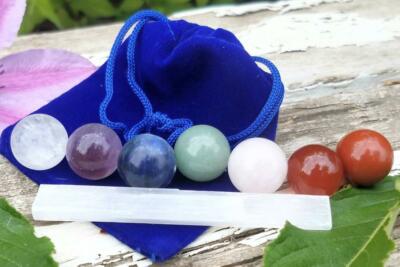 7pc Chakra Alignment Sphere Crystal Set Selenite Charging Stick Blue Velvet