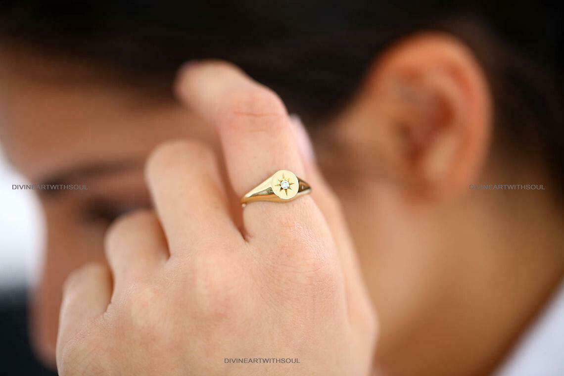 Pre-owned Handmade Solid Gold With Natural Diamonds 14k Star Pinky Signet Ring For Women's Rings In White