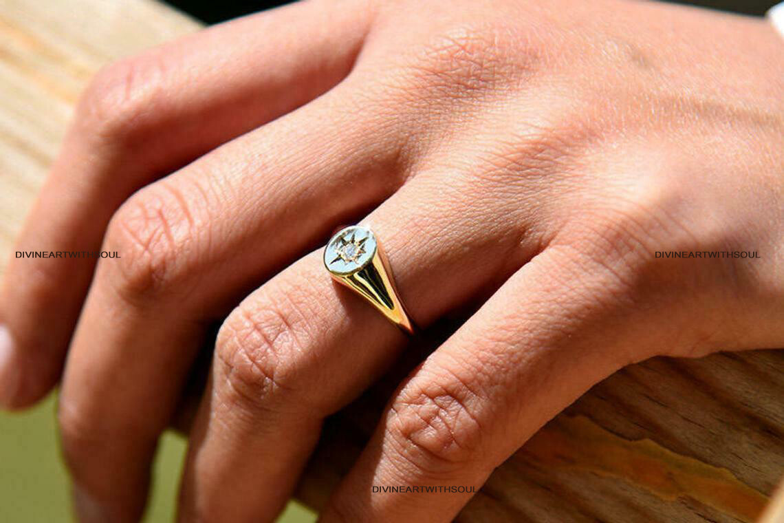 Pre-owned Handmade Solid Gold With Natural Diamonds 14k Star Pinky Signet Ring For Women's Rings In White