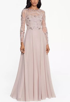 Платье Xscape Petite с сетчатым рукавом, украшенное орнаментом, темно-серый, 6Р