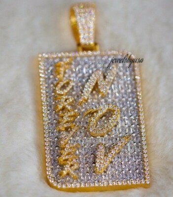 Pre-owned Nsg Men's Customized Letter Name Dog Tag Charm Pendant Baguette Cubic Zirconia In White