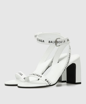 Pre-owned Balenciaga Calfskin Logo Block Heel Sandal 'white' In White,black